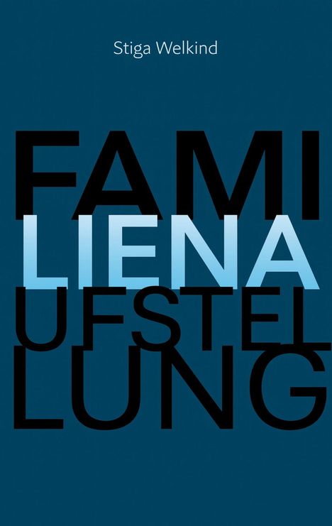 Text: "Stiga Welkind", "FAMILIENAUFSTELLUNG". Dunkelblauer Hintergrund, große schwarze und hellblaue Buchstaben.