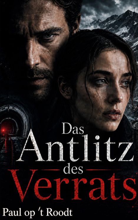 „Das Antlitz des Verrats“ von Paul op 't Roodt. Zwei ernste Gesichter vor einer verschneiten Bergkulisse.