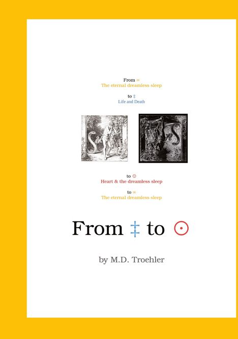 Text im Zentrum: "From ⨁ to ⦿ by M.D. Troehler". Oben Symbole ∞ und ‡, unten zwei schwarz-weiße Illustrationen.