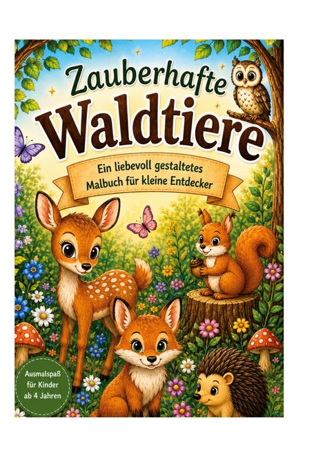 "Zauberhafte Waldtiere" on top. Below: "Ein liebevoll gestaltetes Malbuch für kleine Entdecker." Illustration mit Waldtieren.