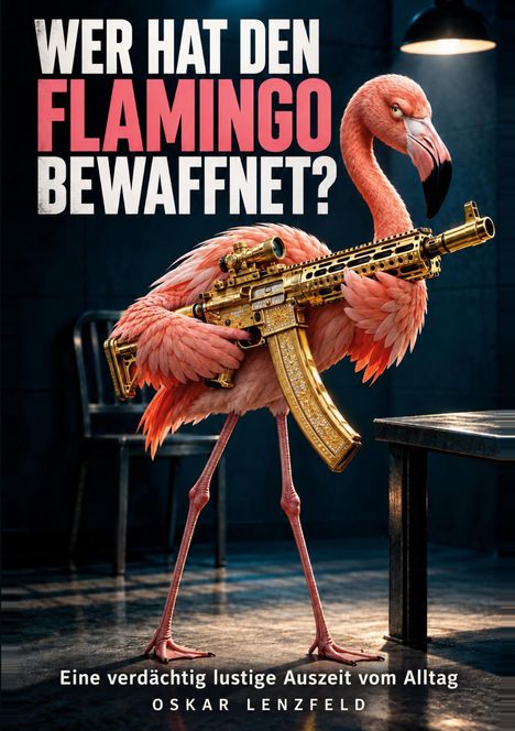 Text: "WER HAT DEN FLAMINGO BEWAFFNET?" Flamingo hält verziertes Gewehr, steht in dunkler Umgebung unter Lampe.
