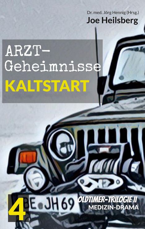 "ARZT-Geheimnisse KALTSTART 4 OLD TIMER TRILOGIE II MEDIZIN-DRAMA" zeigt einen Jeep in einer Illustration.