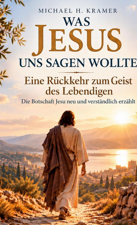 Titel: "Was Jesus uns sagen wollte. Eine Rückkehr zum Geist des Lebendigen." Mensch geht zum Sonnenuntergang.
