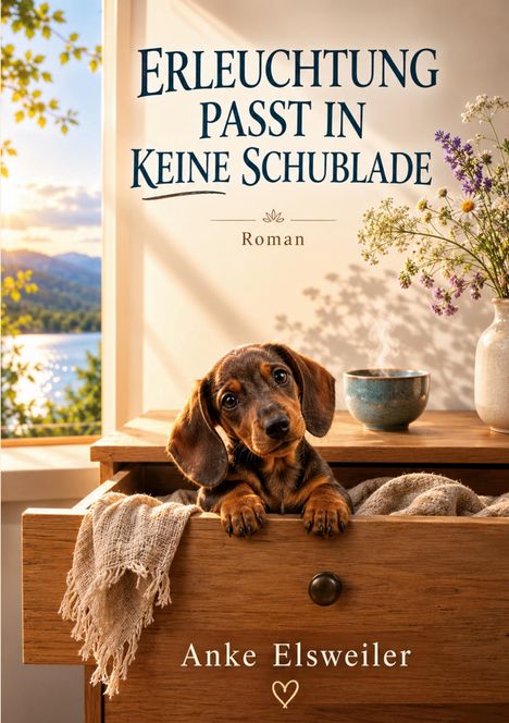 Titel "Erleuchtung passt in keine Schublade". Welpe in Schublade, mit Blümchen und Tasse. Autor: Anke Elsweiler.