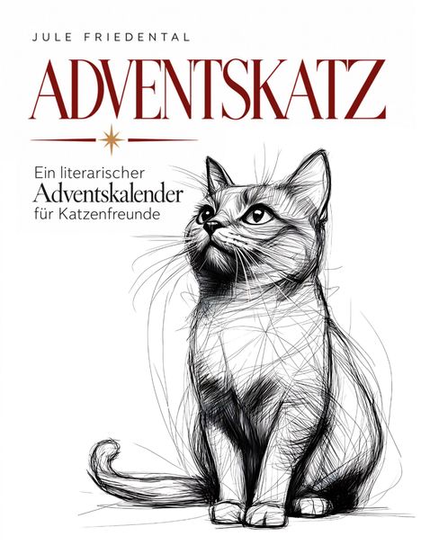 „ADVENTSKATZ“: literarischer Adventskalender für Katzenfreunde. Illustration einer sitzenden Katze, skizzenhaft gezeichnet.
