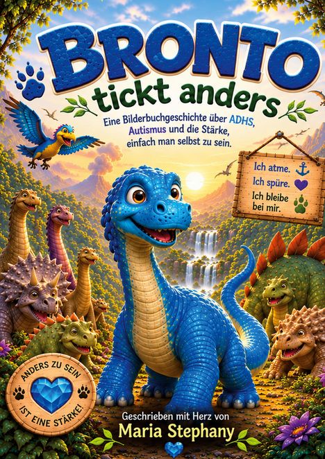 "BRONTO tickt anders" ist ein farbenfrohes Kinderbuch-Cover mit fröhlichen Dinosauriern und einer idyllischen Landschaft.