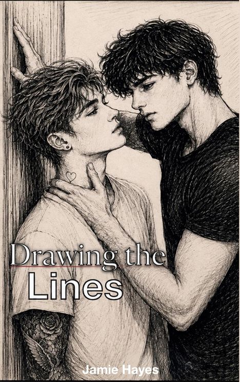 Text: „Drawing the Lines“ und „Jamie Hayes“.  
Illustration von zwei jungen Männern in inniger Pose.