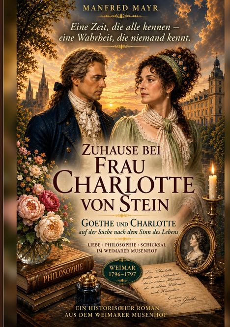 "Zuhause bei Frau Charlotte von Stein" steht über einem historischen Paar. Bücher, Blumen und eine Kerze sind dekorativ arrangiert.