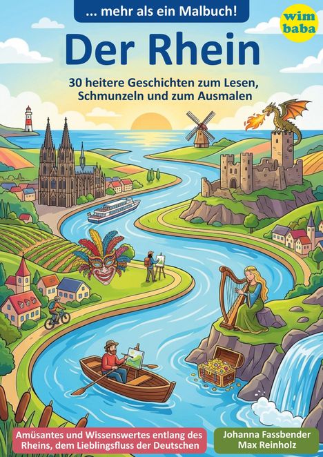 Text: "Der Rhein", "Amüsantes und Wissenswertes entlang des Rheins". Illustration mit Fluss, Burgen, Maler und Harfenspielerin.
