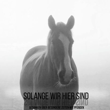 "Solange wir hier sind. Gedanken über besondere Zeiten mit Pferden." Ein Pferd steht in nebliger Umgebung.