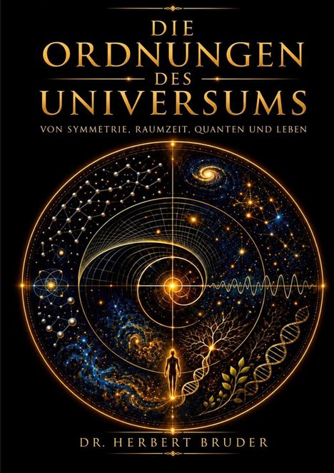 Text: "Die Ordnungen des Universums: Von Symmetrie, Raumzeit, Quanten und Leben" von Dr. Herbert Bruder. Illustration zeigt kosmische Symbole und Spiralen.