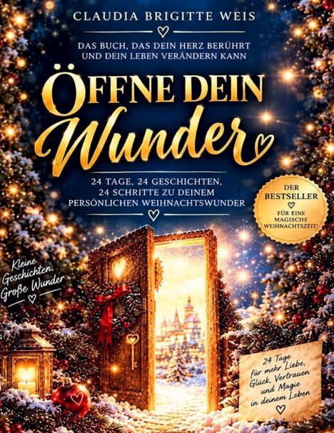 Buchcover mit weihnachtlicher Tür in verschneiter Szene, golden leuchtenden Sternen, Tannenzweigen und Lichtern.