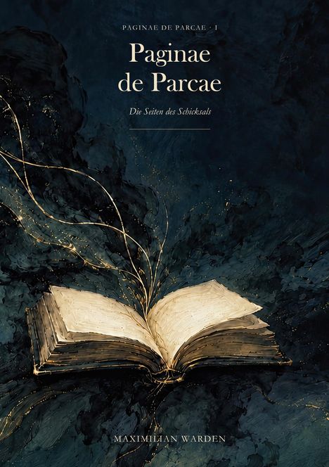 "Paginae de Parcae", "Die Seiten des Schicksals". Ein offenes Buch mit goldenen Linien, auf dunkel-blauem Hintergrund.