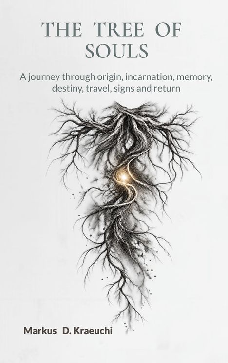 „THE TREE OF SOULS“ – Text über schwarzem, verwurzeltem Baum auf grauem Hintergrund; darunter „Markus D. Kraeuchi“.