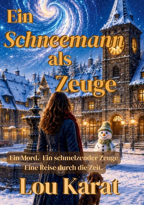 Text: „Ein Schneemann als Zeuge. Ein Mord. Ein schmelzender Zeuge. Eine Reise durch die Zeit. Lou Karat.“ 
Winterliche Szene mit Frau, Hund und Schneemann vor verschneitem Gebäude.