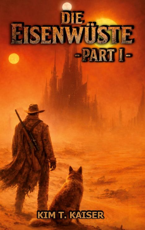 "Die Eisenwüste - Part I". Person mit Gewehr und Hund blickt auf düstere Stadt bei Sonnenuntergang. Autor: Kim T. Kaiser.