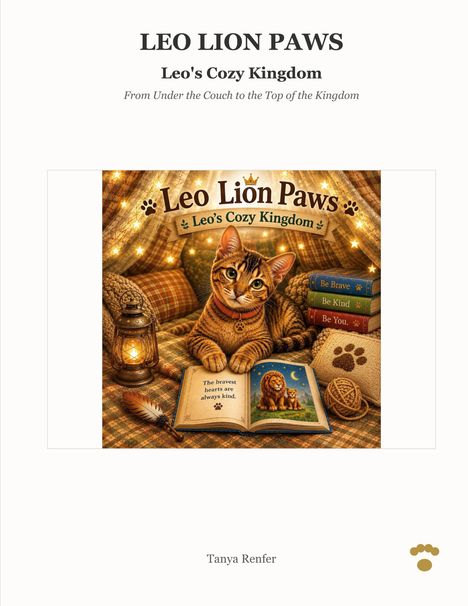 Oben stehen "LEO LION PAWS" und "Leo's Cozy Kingdom". Darunter eine Illustration einer Katze mit Laterne und Büchern.