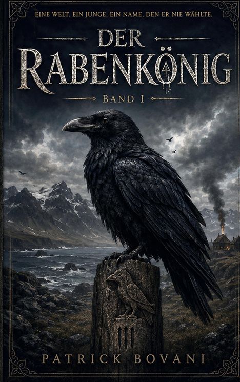 "Eine Welt. Ein Junge. Ein Name, den er nie wählte. Der Rabenkönig Band I. Patrick Bovani." Illustration: Ein Rabe auf einem Felsen.