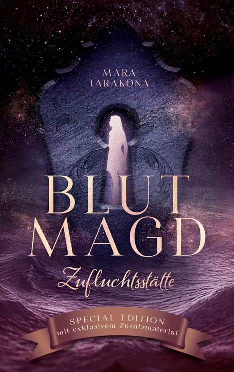 "Blut Magd: Zufluchtsstätte" und "Special Edition mit exklusivem Zusatzmaterial" vor einem lila, mystischen Hintergrund.