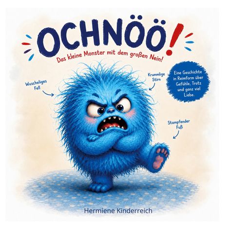 "OHNÖÖ! Das kleine Monster mit dem großen Nein!" zeigt ein wütendes, blaues, wuscheliges Monster mit verschränkten Armen.