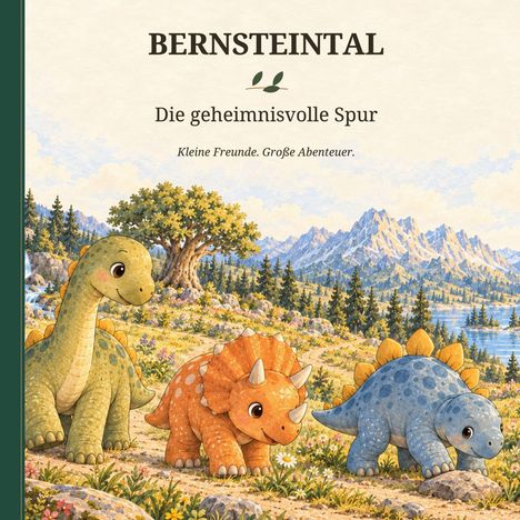„BERNSTEINTAL: Die geheimnisvolle Spur. Kleine Freunde. Große Abenteuer.“ Drei Dinosaurier im malerischen Tal.