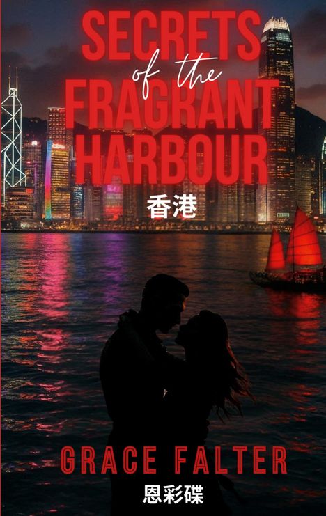 "SECRETS OF THE FRAGRANT HARBOUR", Hongkong-Skyline bei Nacht, Paar im Vordergrund, rotes Segelschiff rechts.