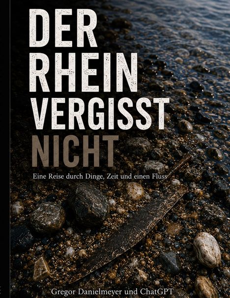 Titel: "DER RHEIN VERGISST NICHT". Untertitel: "Eine Reise durch Dinge, Zeit und einen Fluss". Kieselsteine am Ufer.