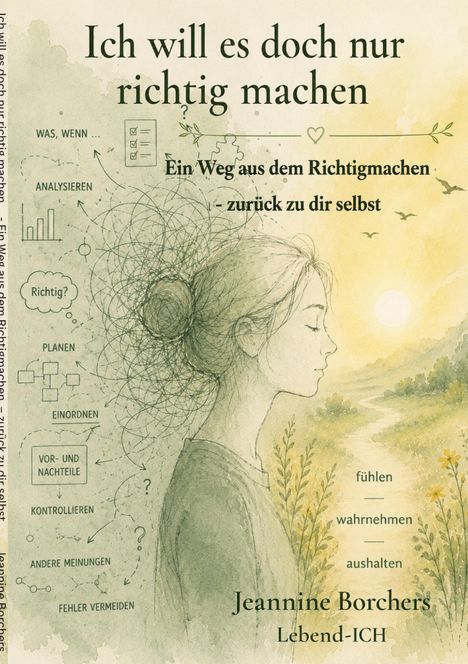 "Ich will es doch nur richtig machen. Ein Weg aus dem Richtigmachen - zurück zu dir selbst. Jeannine Borchers." Illustration einer Frau in Gedanken.