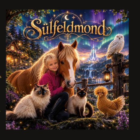 "Sülfeldmond" in geschwungener Schrift. Ein Mädchen umarmt ein Pferd, umgeben von zwei Katzen, einer Eule und einem Huhn vor einer Märchenlandschaft.