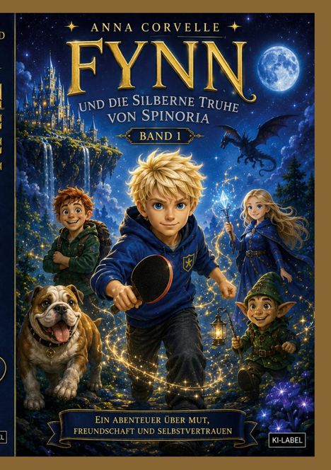 „Fynn und die silberne Truhe“, ein magisches Abenteuer mit Kindern, Hund, Zauberer und Drache vor einem Schloss und Mond.