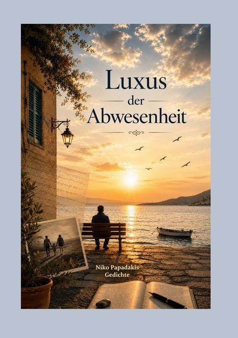 Ein stimmungsvoller Sonnenuntergang am Meer, ein Mann auf einer Bank. Text: "Luxus der Abwesenheit." Ein offenes Buch.