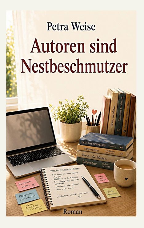 Das Cover eines Romans zeigt Notizen, Bücher, Laptop, Pflanzen und eine Tasse auf einem Tisch.