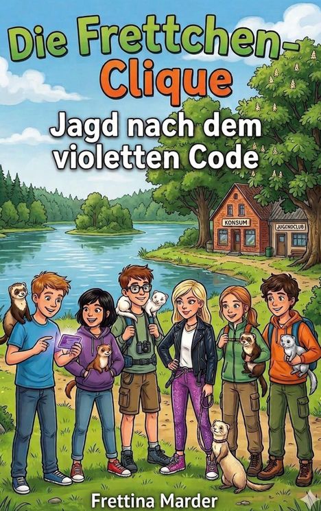 Titel: "Die Frettchen-Clique: Jagd nach dem violetten Code"; Autor: Frettina Marder. Sechs Jugendliche mit Frettchen am Fluss.