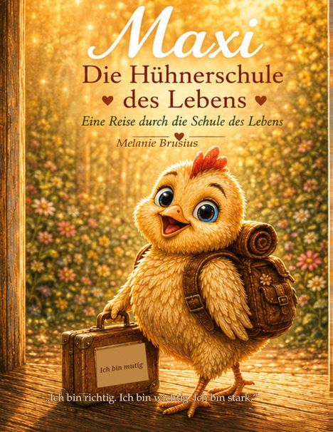 Covertext: "Maxi, Die Hühnerschule des Lebens". Illustration: Küken mit Koffer vor blumigem Hintergrund.