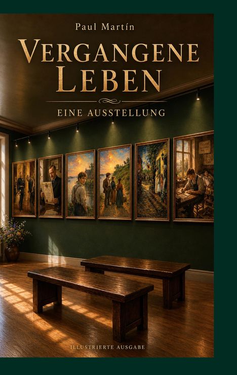 „Vergangene Leben - Eine Ausstellung“ von Paul Martín, darunter „Illustrierte Ausgabe“. Raum mit Gemälden und Holzbänken.