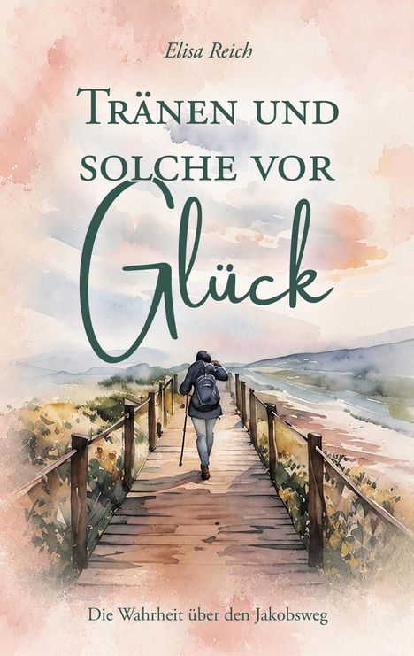 "Tränen und solche vor Glück". Illustration: Person wandert auf einem Holzweg, umgeben von Natur.