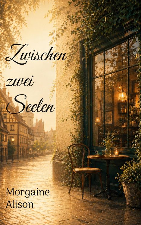 "Zwischen zwei Seelen" und "Morgaine Alison". Eine stimmungsvolle Straßenszene bei Sonnenuntergang, mit Café und Efeuwänden.