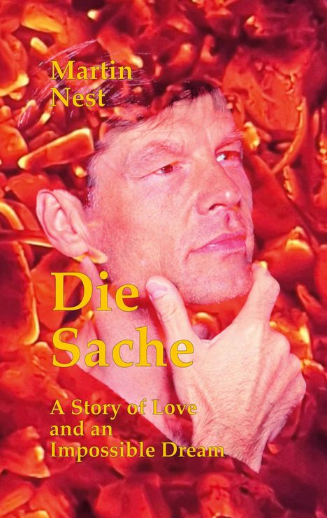 Text: "Martin Nest", "Die Sache", "A Story of Love and an Impossible Dream". Kopf in Denkerpose vor feurigem Hintergrund.