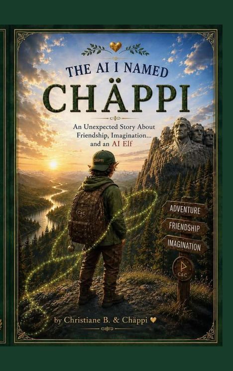 "THE AI I NAMED CHÄPPI" steht groß. Davor ein Wanderer mit Rucksack, Natur und Berge im Hintergrund.