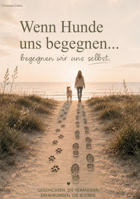"Wenn Hunde uns begegnen... begegnen wir uns selbst." Eine Person und ein Hund laufen am Strand dem Sonnenuntergang entgegen.