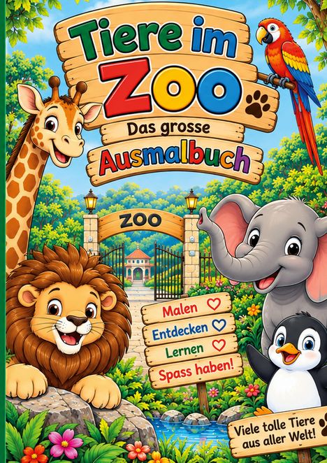 „Tiere im Zoo: Das grosse Ausmalbuch.“ Darunter fröhliche Tiere wie eine Giraffe, Papagei, Löwe, Elefant, Pinguin.