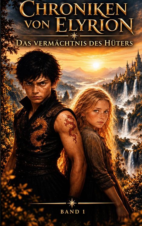 „Chroniken von Elyrion: Das Vermächtnis des Hüters, Band 1“. Zwei junge Menschen vor einer Fantasy-Landschaft mit Schloss.