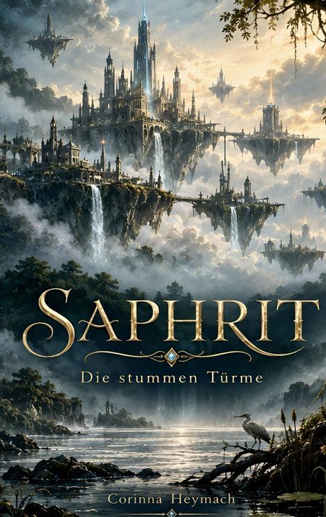 "SAPHIRIT", "Die stummen Türme" und "Corinna Heymach". Fantasievolle Stadt mit Türmen auf schwebenden Inseln.
