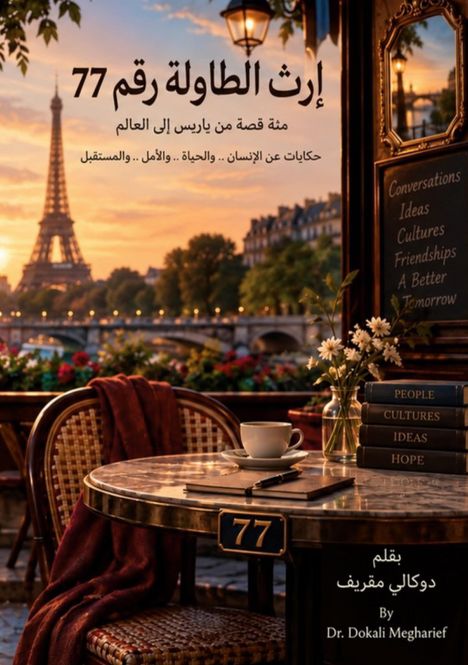 Texte in Arabisch: „إرث الطاولة رقم 77“. Auf Englisch: „Conversations, Ideas“. Eiffelturm im Hintergrund, Cafétisch.