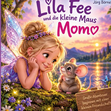 "Lila Fee und die kleine Maus Momo. Große Abenteuer beginnen mit einer kleinen Freundschaft." 

Illustration: Eine Fee und eine Maus sitzen auf einem Baumstamm, umgeben von Blumen.
