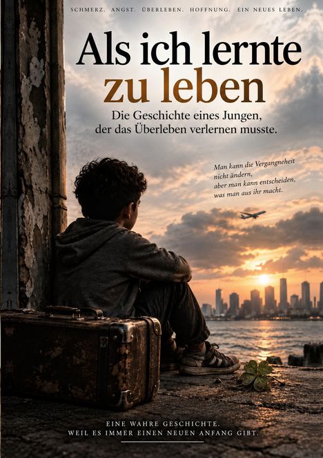 "Als ich lernte zu leben." Junge mit Koffer, schaut auf Stadt am Wasser, Flugzeug am Himmel, Sonnenuntergang.