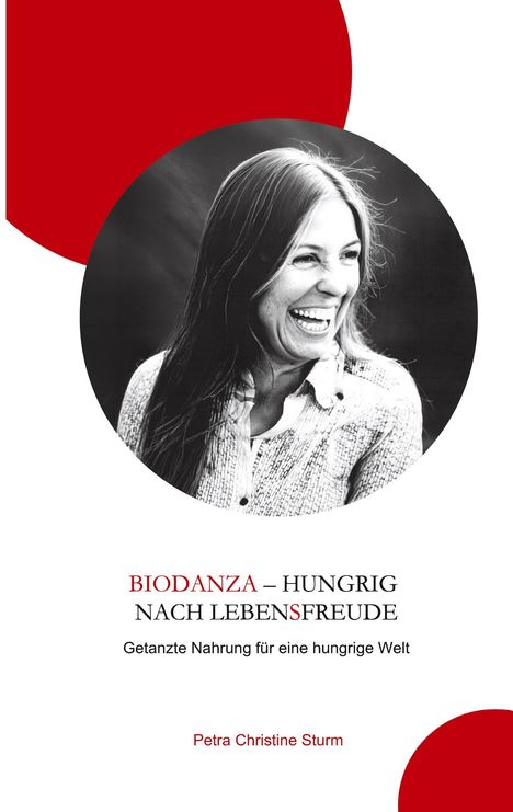 "Biodanza – Hungrig nach Lebensfreude. Getanzte Nahrung für eine hungrige Welt. Petra Christine Sturm."  
Eine lächelnde Frau in Schwarz-Weiß.