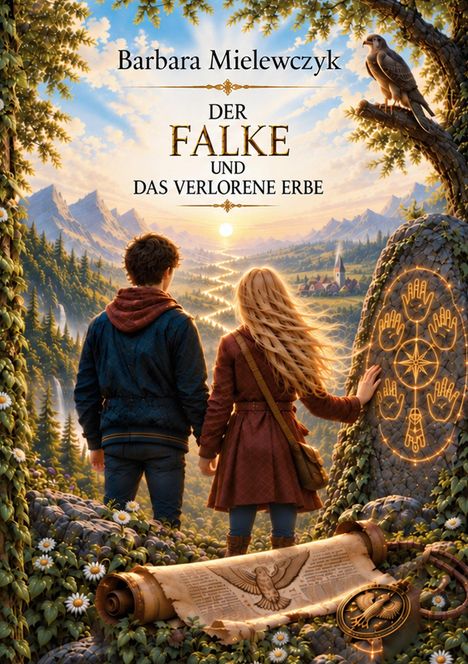 "Barbara Mielewczyk, Der Falke und das verlorene Erbe." Zwei Personen vor einer Landschaft mit antiken Symbolen und einem Falken.
