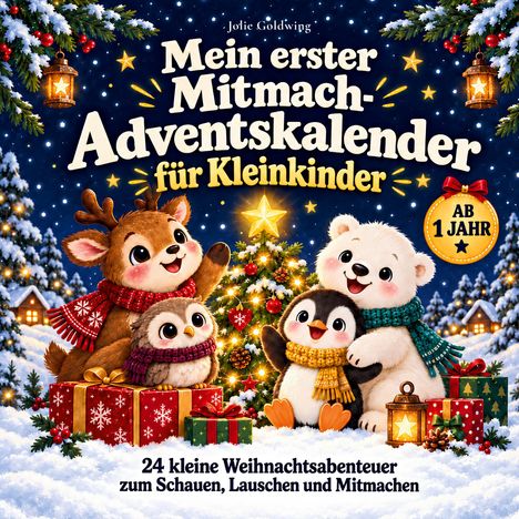 „Mein erster Mitmach-Adventskalender für Kleinkinder“. Illustration von süßen Tieren im Schnee vor einem Weihnachtsbaum.