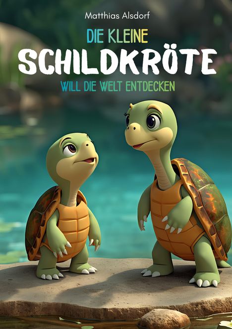 "Die kleine Schildkröte will die Welt entdecken" steht über zwei niedlichen animierten Schildkröten am Wasser.